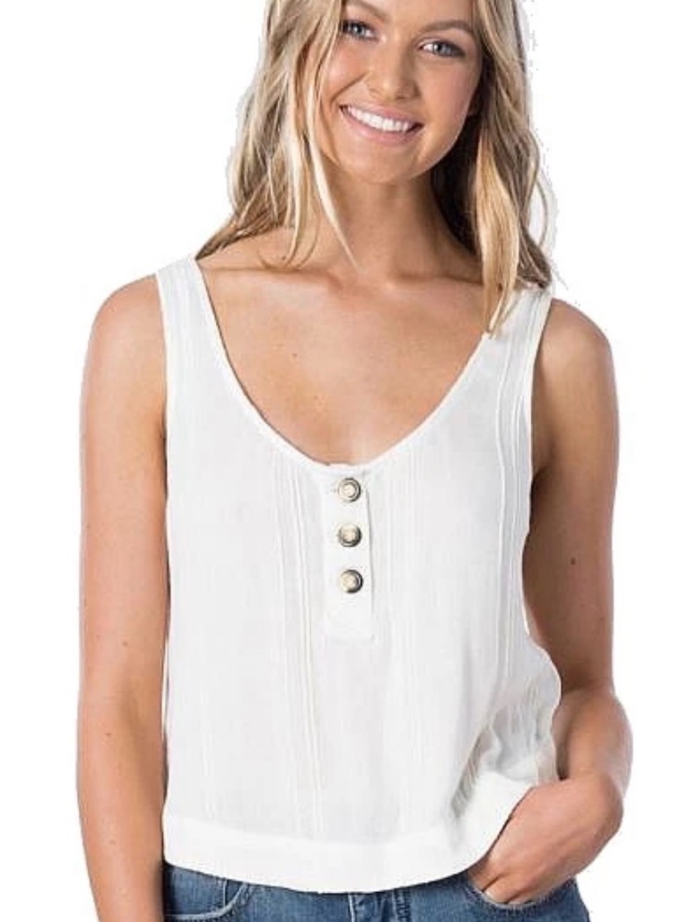 Rip Curl white Ribbed Henley Tank with Button Placket